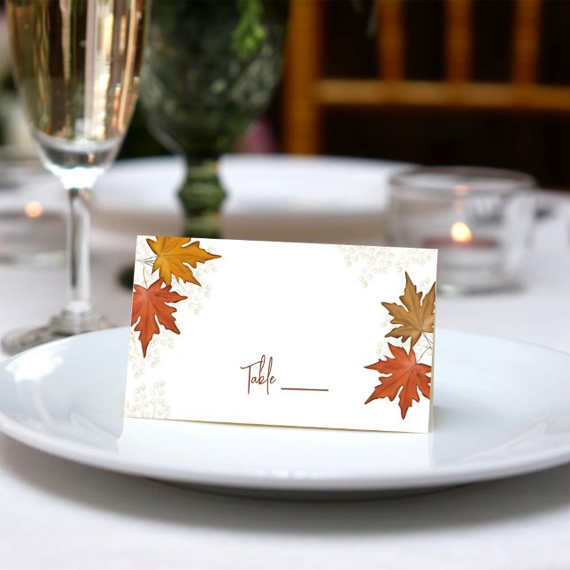 Fall Höst löv Watercolor Bröllop Placeringskort (Fall leaves place card with stylish calligraphy script.)