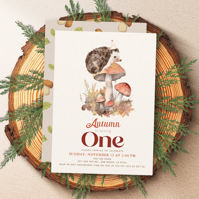 Fall/Hösthöstsvamp Hedgehog 1:a födelsedagen Inbjudningar (Skapare uppladdad)
