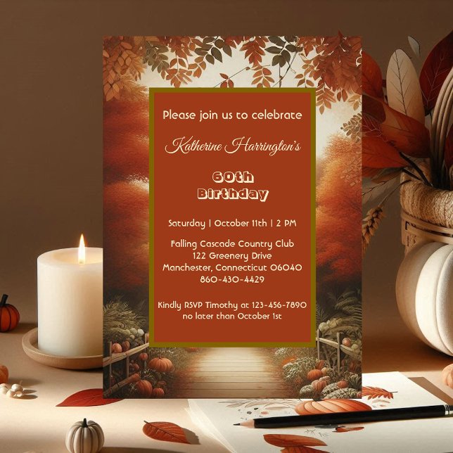 Fall Höstlandskapspumpkin Pumpkin Patch 60:e födel Inbjudningar (Autumn Landscape Pumpkin Patch Fall colors 60th Birthday Invitation)