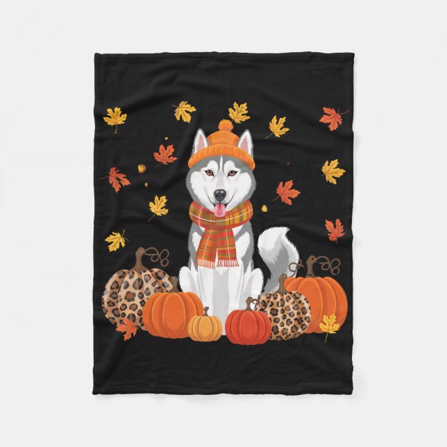 Fall Husky Pumpkins Lämnar Autumn Halloween Tack Fleecefilt (Framsidan)