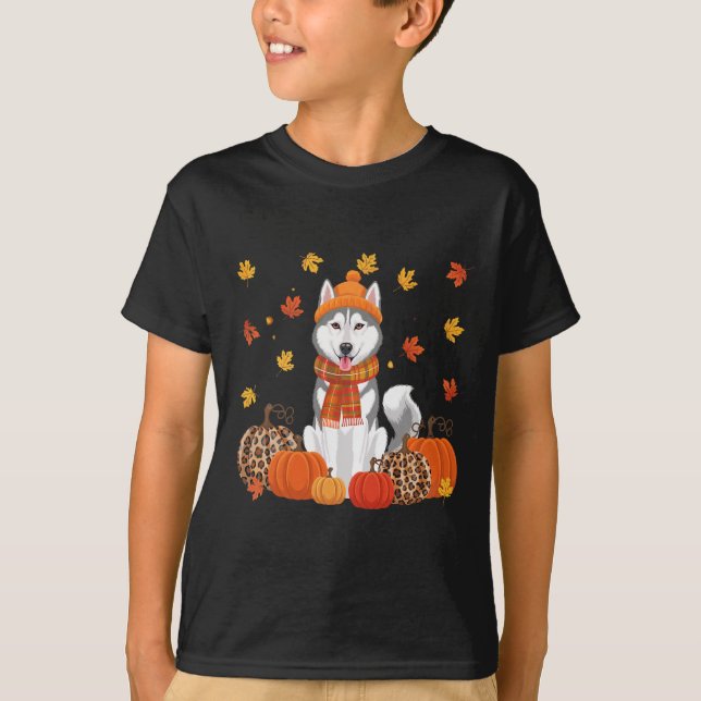 Fall Husky Pumpkins Lämnar Autumn Halloween Tack T Shirt (Framsida)