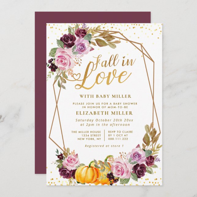 fall i barndusch i kärlek lila blommigt inbjudningar (Fram/baksida)