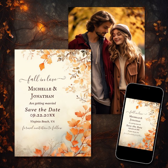 Fall i foto från Kärlek Beval Höst löv Bröllop Spara Datumet (Printed and Digital - Fall in Love Beautiful Autumn Leaves Wedding Photo Save The Date)