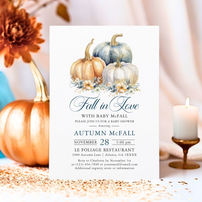 Fall i Kärlek Baby Shower Guld Blue Pumpkins Inbjudningar (Fall in Love Baby Shower Gold Blue Pumpkins Invitation)