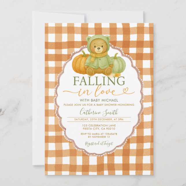 Fall i kärlek Bear Pumpkin Baby dusch Gingham Inbjudningar (Framsida)