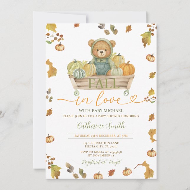 Fall i kärlek Bear Pumpkin Baby dusch Hösten Inbjudningar (Framsida)
