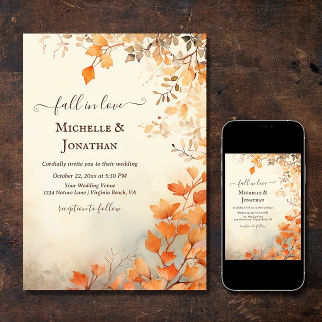 Fall i Kärlek Benice Höst löv Fall Wedding Inbjudningar (Printed and Digital - Fall in Love Beautiful Autumn Leaves Fall Wedding Invitation)