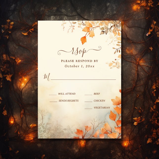 Fall i Kärlek Benice Höst löv Fall Wedding OSA Kort (Front - Fall in Love Beautiful Autumn Leaves Fall Wedding RSVP Card)