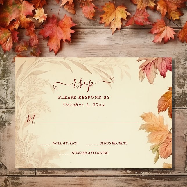 Fall i Kärlek Benice Höst löv Fall Wedding OSA Kort (Front - Fall in Love Beautiful Autumn Leaves Fall Wedding RSVP Card)