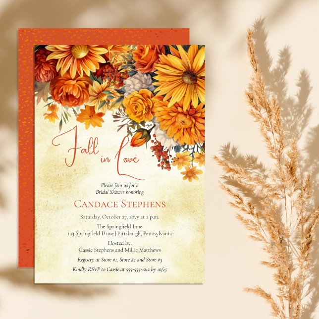 Fall i Kärlek Blommigt Bouquets-Möhippan för höste Inbjudningar (Fall in love with autumn's beauty. A bridal shower template featuring exquisite florals in warm hues)