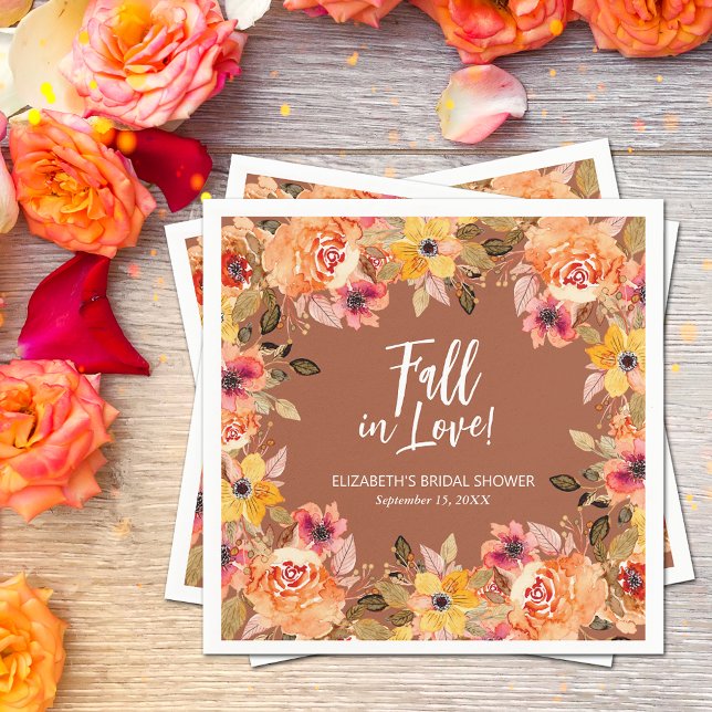 Fall i Kärlek Blommigt Terracotta Möhippa Pappersservett (Fall in Love Floral Terracotta Wedding Bridal Shower Napkins)