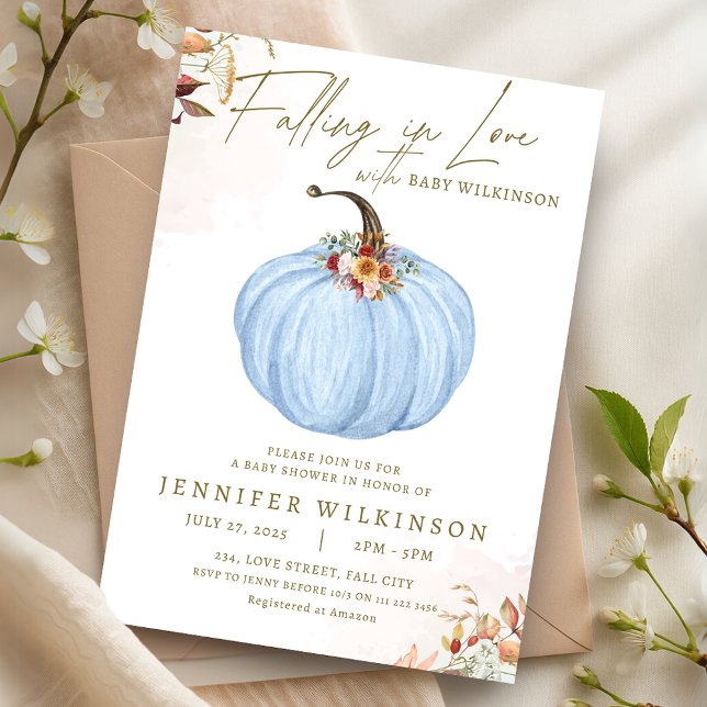 Fall i Kärlek Blue Pumpkin Boy Shower Inbjudningar (Fall in Love Blue Pumpkin Boy Baby Shower Invitation)