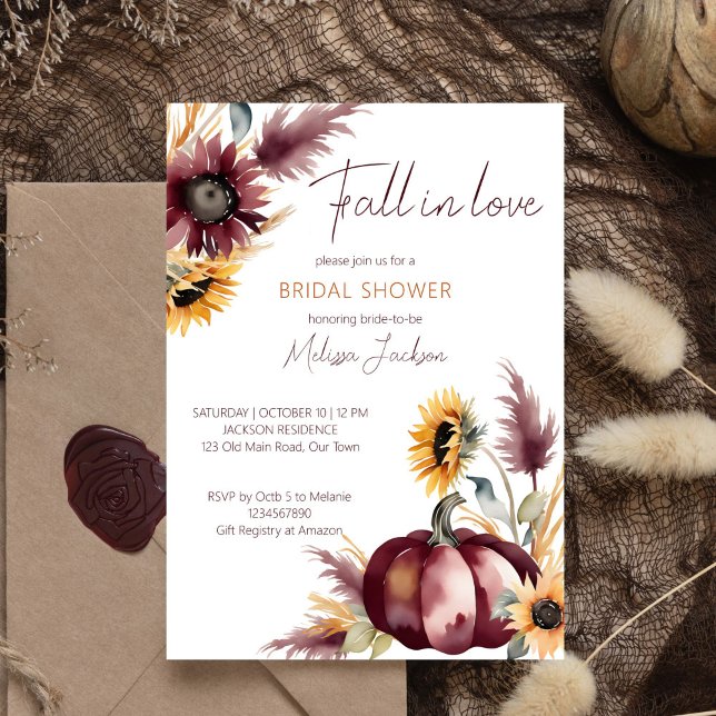 Fall i kärlek boho pumkin-möhippan för solros inbjudningar (Fall in love boho bridal shower template invitation digital download burgundy pumpkins sunflowers)