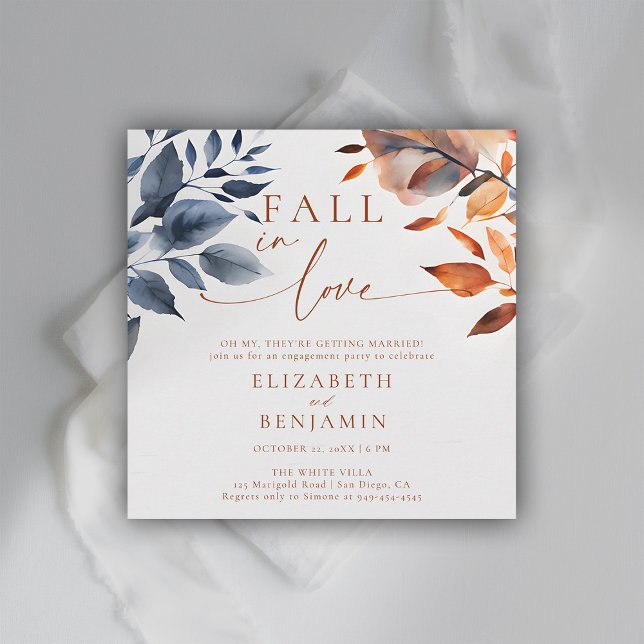 Fall i Kärlek Botanical Duo Löv Förlovningsfest Inbjudningar (fall engagement party invitation botanical leaf calligraphy terracotta elegant modern backyard barn)