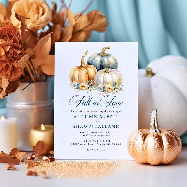 Fall i Kärlek Bröllop Guld Blå pumpor höst Inbjudningar (Fall in Love Wedding Gold Blue Pumpkins Autumn Invitation)