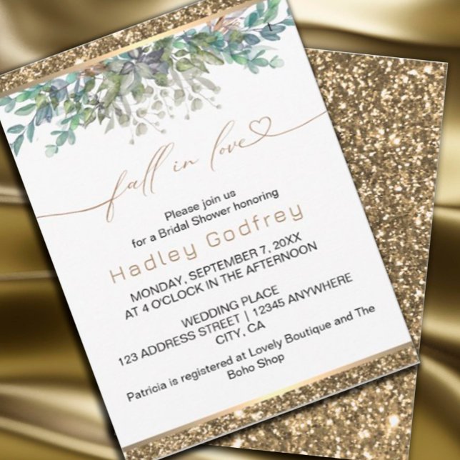 Fall i kärlek bröllopsinbjudan inbjudningar (#zazzlemade #weddinginvitation #fallinvitation #fallinlove #greenery,#leaves Eglittergoldinvitation)