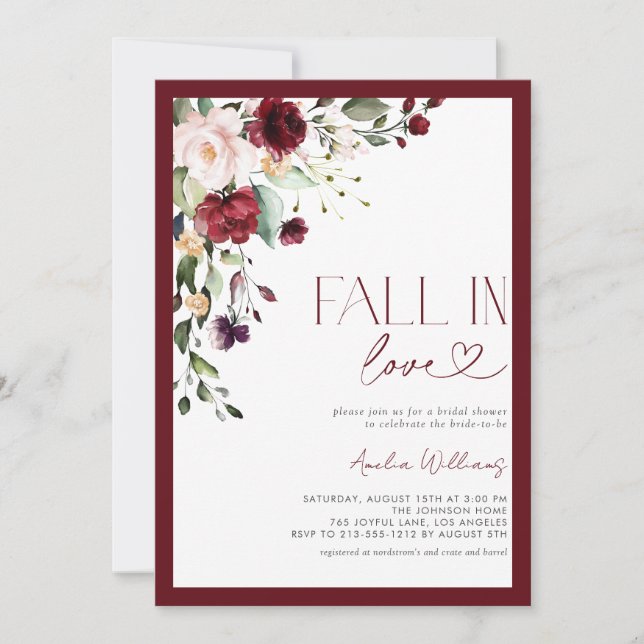 Fall i Kärlek Burgundy Blommigt Watercolor Inbjudningar (Framsida)