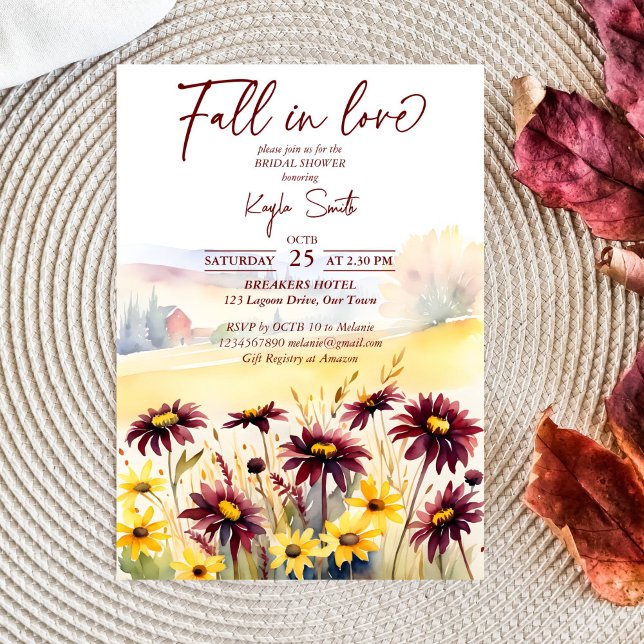 Fall i kärlek burgundy dahlias gult daisie möhippa inbjudningar (Fall in love burgundy dahlias yellow daisies fall themed bridal shower template invitation digital)
