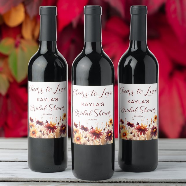 Fall i kärlek burgundy dahlias möhippa-förmån vinflaska etikett (Fall in love burgundy dahlias bridal shower favor wine label)