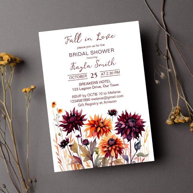 Fall i kärlek burgundy orange dahlias möhippa inbjudningar (Fall in love bridal shower template invitations instant download burgundy and orange dahlias )