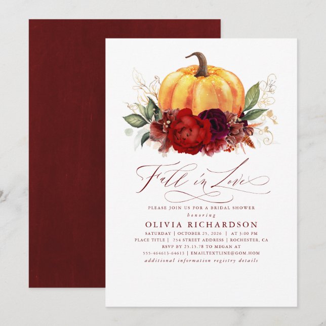 Fall i Kärlek Burgundy Red Inbjudningskort för möh (Fram/baksida)