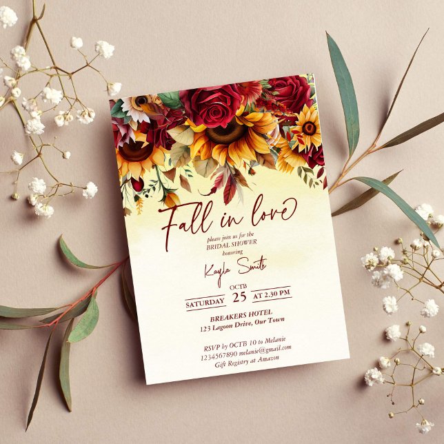 Fall i kärlek burgundy ro solblommor möhippa inbjudningar (Fall in love burgundy roses sunflowers bridal shower invitation template instant download)