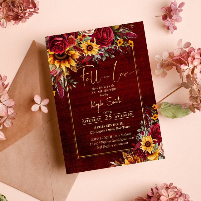 Fall i kärlek burgundy ro solblommor möhippa inbjudningar (Fall in love burgundy roses sunflower bridal shower invitation template autumn themed bridal shower)