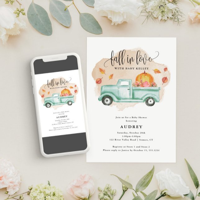 Fall i Kärlek Farm Lastbil Pumpkin Fall Baby Showe Inbjudningar (Fall in love...with this cute invitaton!)