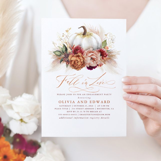 Fall i Kärlek Förlovningsfest Rust Flowers Pumpkin Inbjudningar (Fall Engagement Party Invitation)