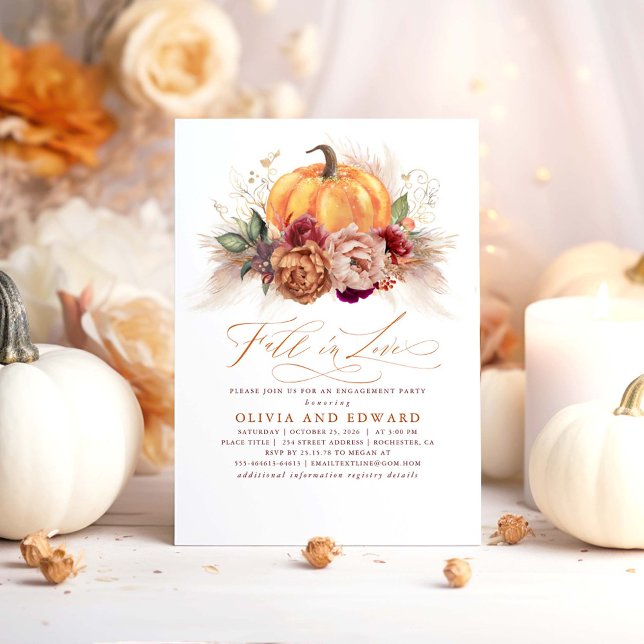 Fall i Kärlek Förlovningsfest Rust Flowers Pumpkin Inbjudningar (Fall In Love Orange Pumpkin and Rustic Blooms Engagement Party Invitations)