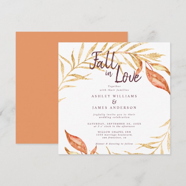 Fall i Kärlek Golden Foliage Autumn Copper Bröllop Inbjudningar (Fram/baksida)