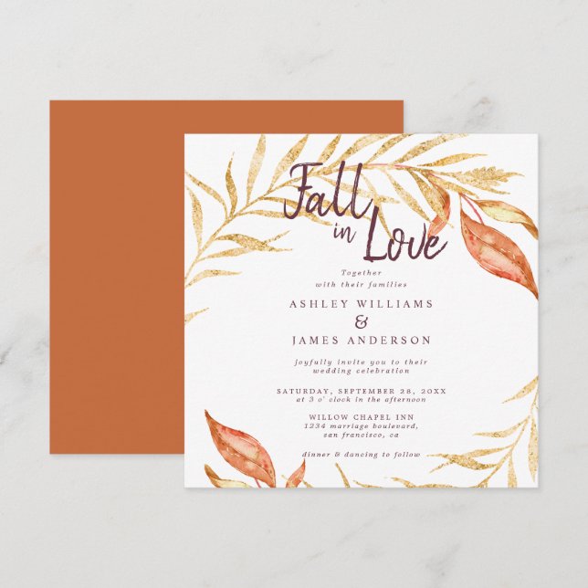 Fall i Kärlek Golden Foliage Burnt Orange Bröllop Inbjudningar (Fram/baksida)