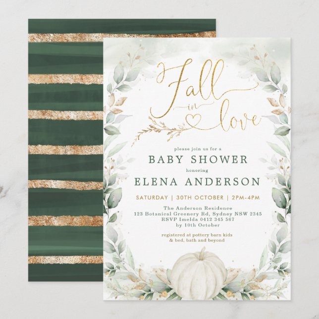Fall i Kärlek Greenery Guld Pumpkin Baby Shower Inbjudningar (Fram/baksida)