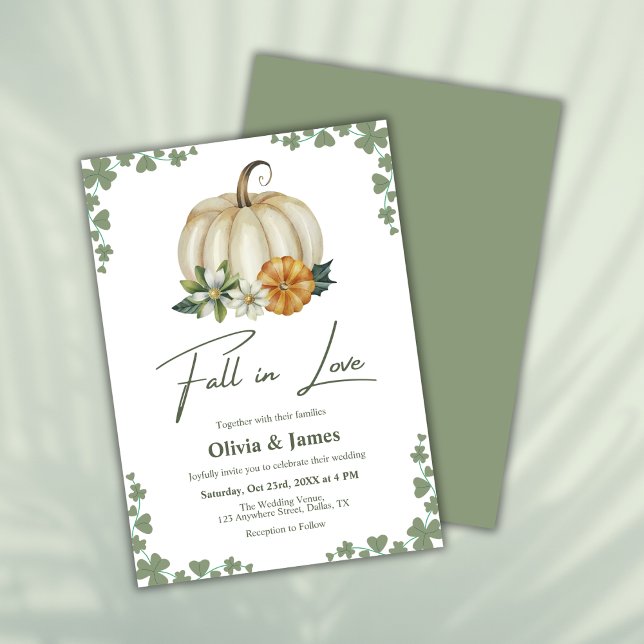 Fall i Kärlek Greenery Sage Grönt Pumpkin Bröllop Inbjudningar (Fall in Love Greenery Sage Green Pumpkin Wedding Invitation )