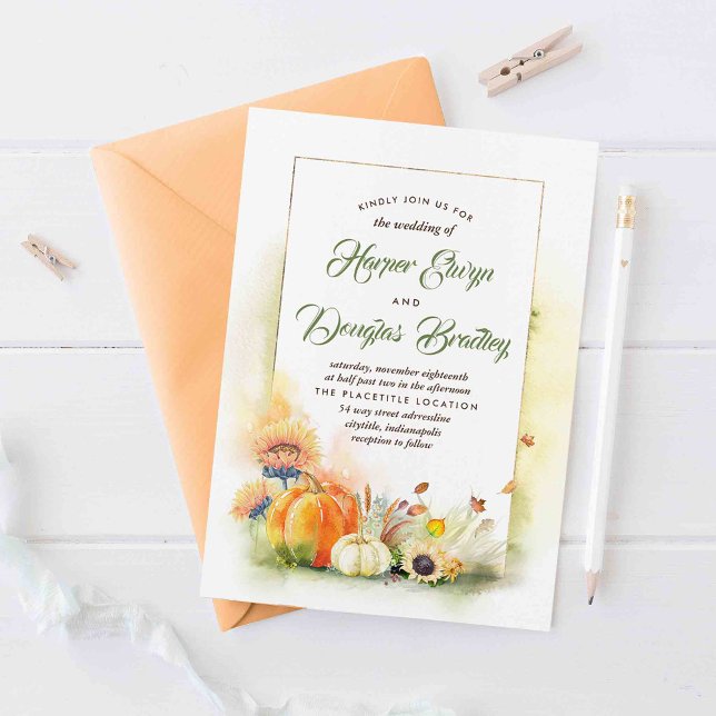 Fall i Kärlek | Harvest Sunblommor Pumpkins Bröllo Inbjudningar (Autumn Harvest and Pumpkins Wedding Invitations)