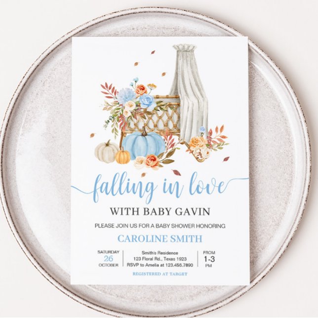 Fall i Kärlek - höstblått babyskor Inbjudningar (Floral Blue Pumpkin Baby Shower Invitation)