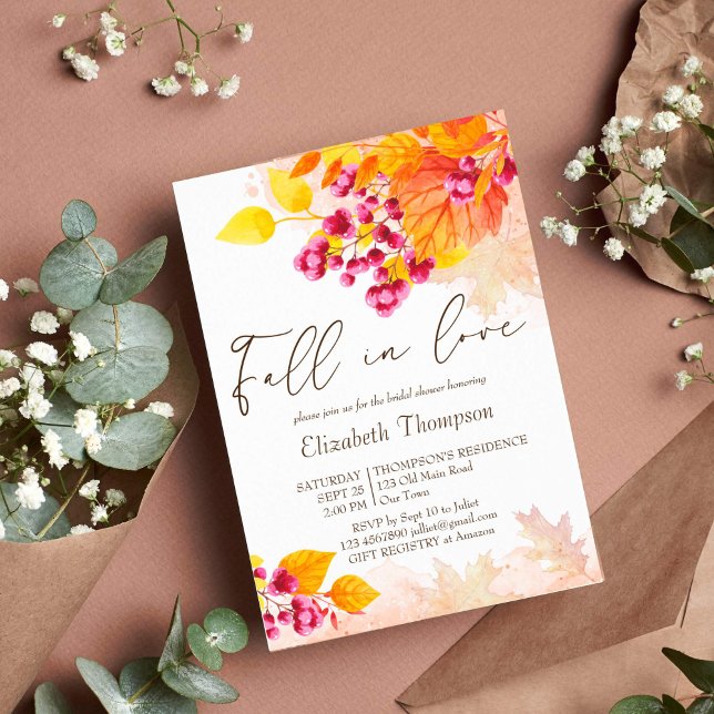 Fall i kärlek höstlöv möhippa inbjudan (Fall in love autumn bridal shower invitation template watercolor foliage berries instant download)