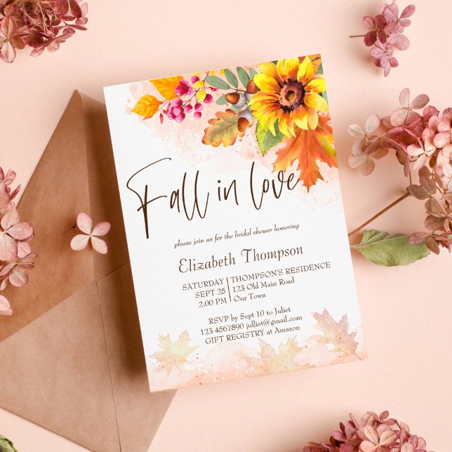 Fall i kärlek höstlöv möhippa inbjudan (Fall in love autumn foliage watercolor sunflower bridal shower invitation template instant download)