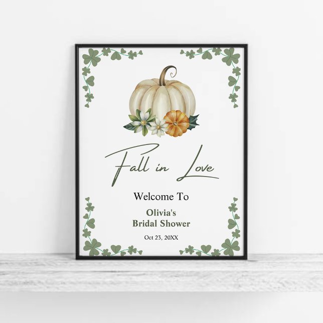 Fall i Kärlek höstpumpa Möhippa Välkommen Poster (Fall in Love Autumn Greenery Pumpkin Bridal Shower Welcome Sign )