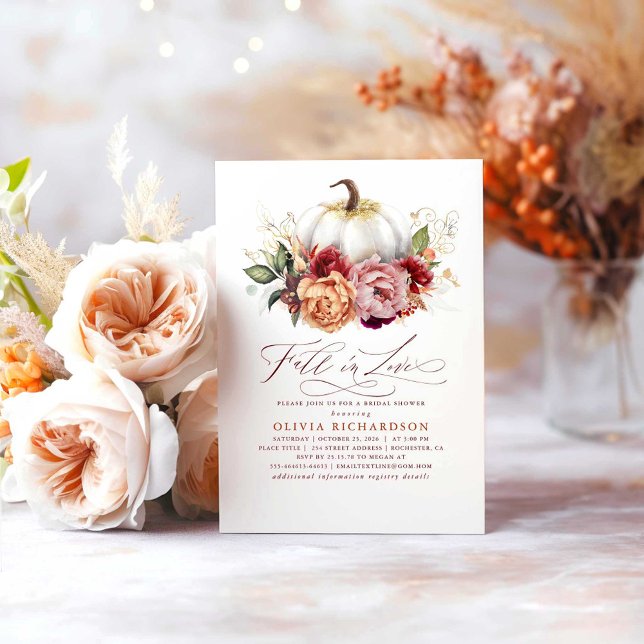 Fall i Kärlek Inbjudningskort för möhippan (Fall in Love Bridal Shower Invitations with the White Pumpkin and Vibrant Flowers)