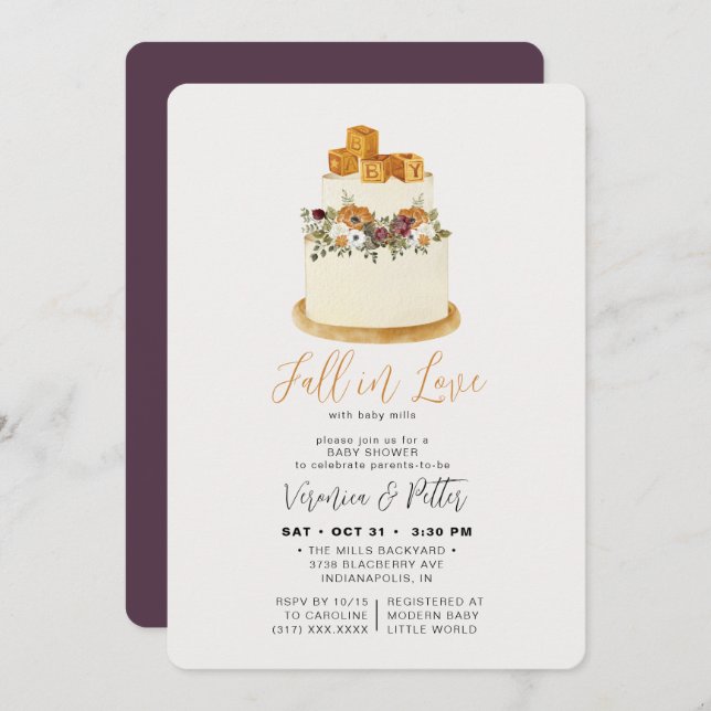 Fall i Kärlek Lila, höstkummel, babyskor Inbjudningar (Fram/baksida)