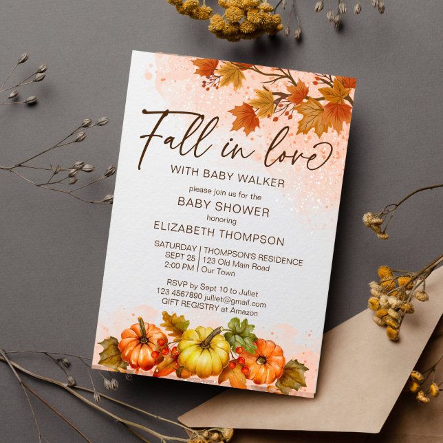Fall i kärlek lövpumpa för babyduschmall för babyd inbjudningar (Fall in love baby shower template invitation watercolor pumpkins autumn foliage maple leaves)
