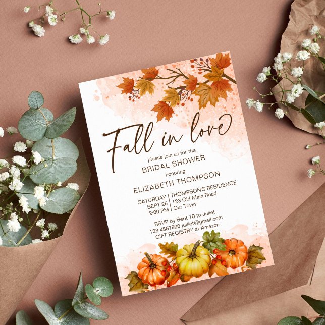 Fall i kärlek lövpumpa möhippa inbjudan (Fall in love bridal shower invitation template autumn foliage pumpkins watercolor)