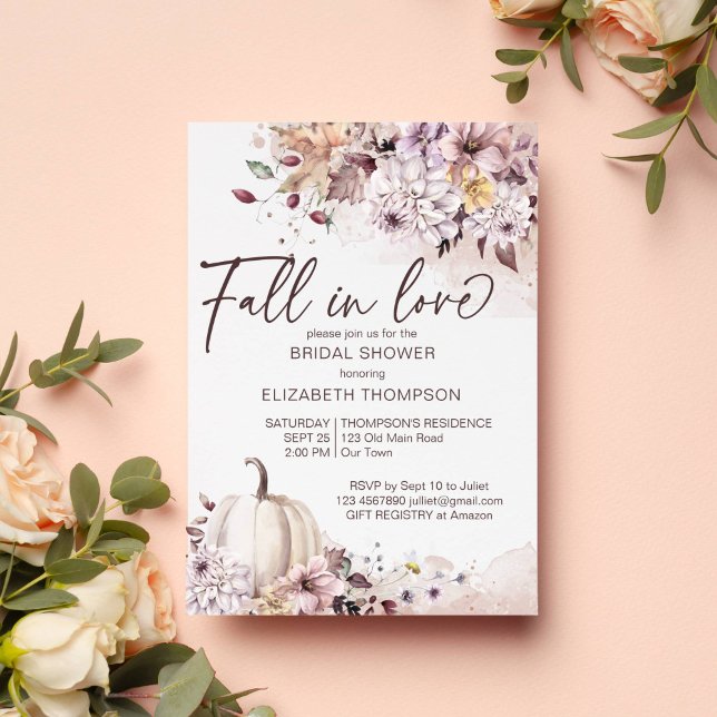 Fall i kärlek lövpumpa möhippa inbjudan (Fall in love autumn fall bridal shower pastel watercolor pumpkin foliage chrysanthemum invitation )