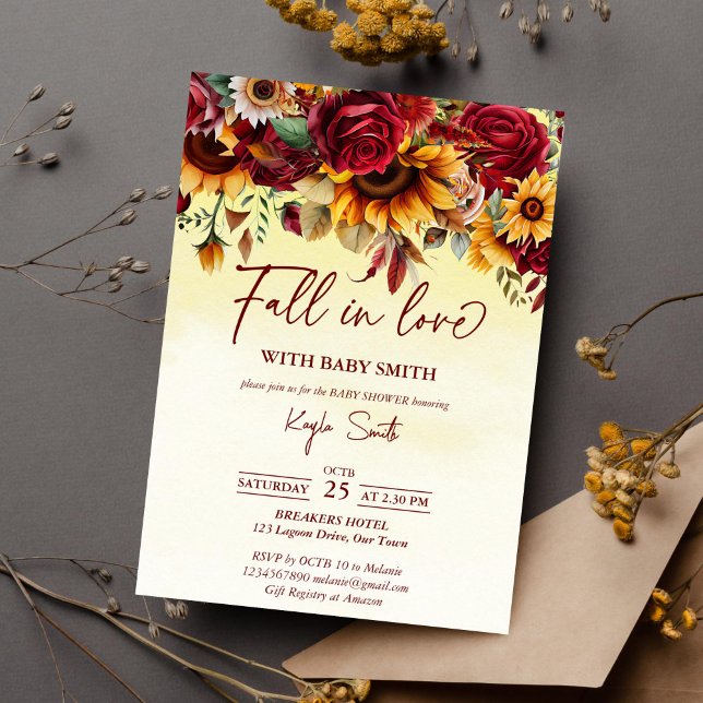 Fall i kärlek med babydusch ro solblommor inbjudningar (Fall in love baby shower template invitation instant download burgundy roses sunflowers yellow ombre)