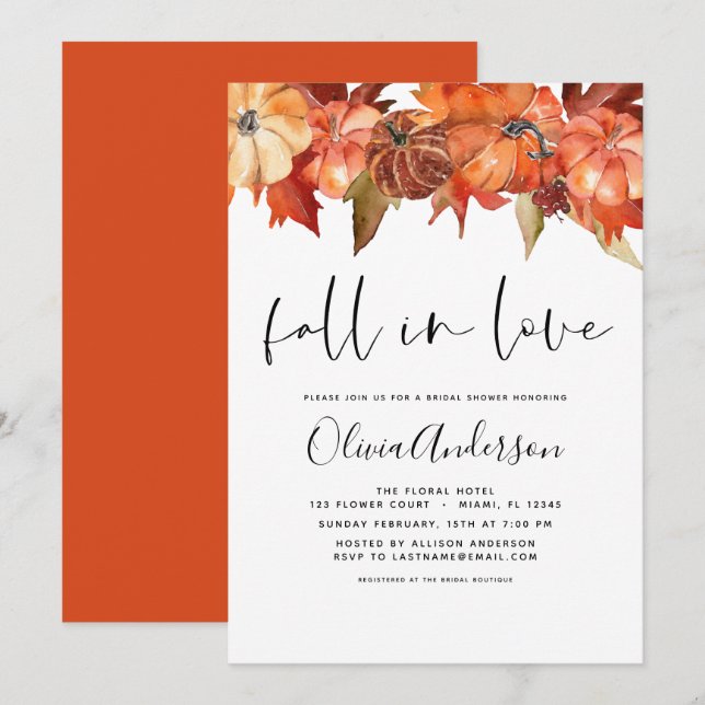 Fall i Kärlek Möhippa Pumpkins Burnt Orange Inbjudningar (Fram/baksida)