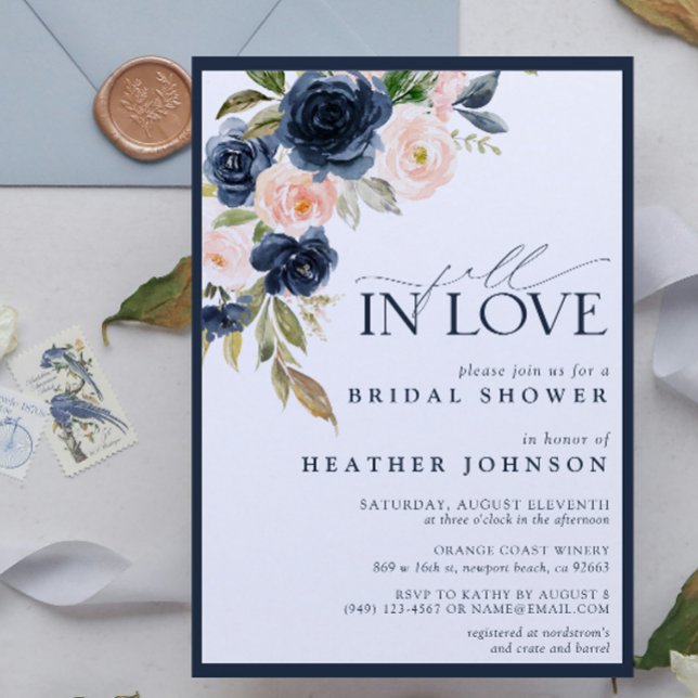 Fall i Kärlek-Möhippan för blå Blommigt vattenfärg Inbjudningar (Fall in Love with this pretty navy blue floral bridal shower invite that is easy to personalize)