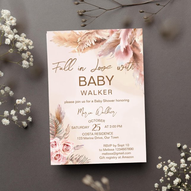 Fall i kärlek pampas gräsboho babydusch inbjudningar (Fall in love baby shower pampas grass boho dried flowers invitation template instant download)