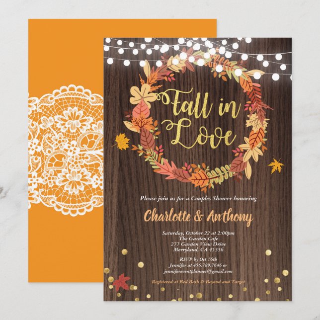 Fall i kärlek par-duschinbjudan till utandning inbjudningar (Fram/baksida)