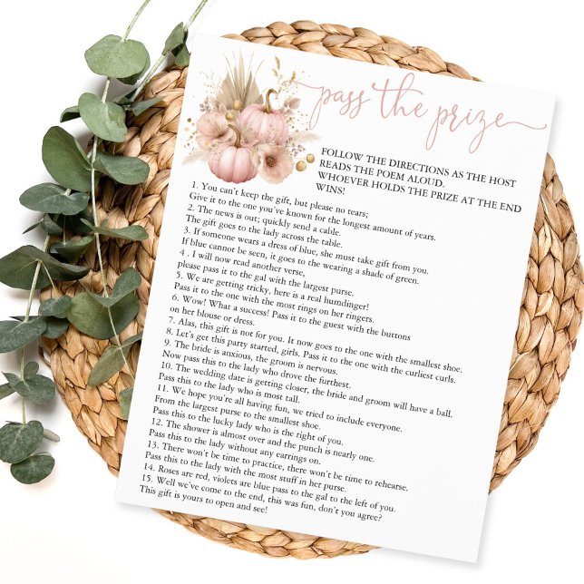 Fall i Kärlek Passar Möhippa Game Reklamblad (pass the prize bridal shower game with blush pink boho pumpkin)